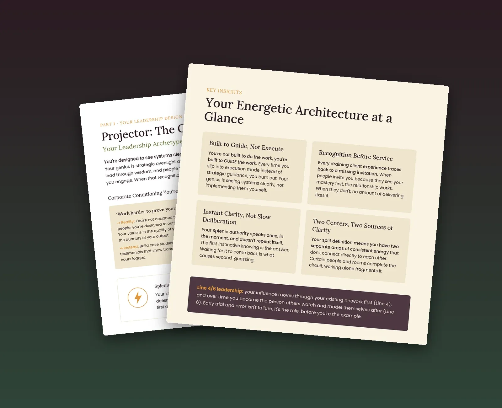 Sample page from a WeLL Business Blueprint report showing the 'Your Energetic Architecture at a Glance' key insights section.
